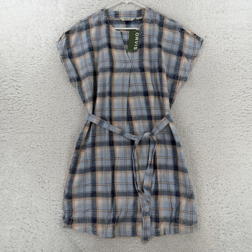Orvis Womens Large Blue Plaid V Neck Belted Cotton Shift Dress Cap Sleeve NEW
